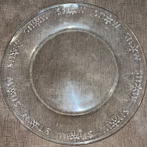 vintage clear glass plate with snow written around edges